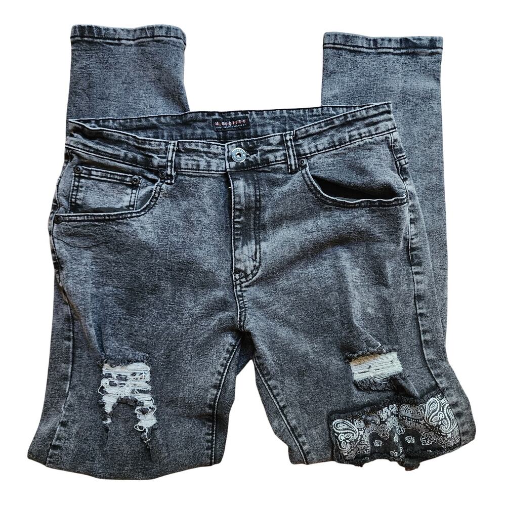 M Society Politically Incorrect Jeans Mens Size 34x32 Black Distressed Patched